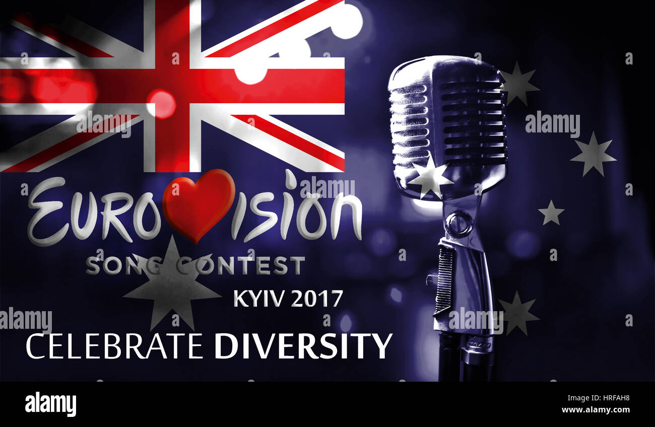 Photos banner with the official logo of the Eurovision Song Contest in the Australia flag, Eurovision 2017 in Kiev.Belarus,01 March 2017 Stock Photo