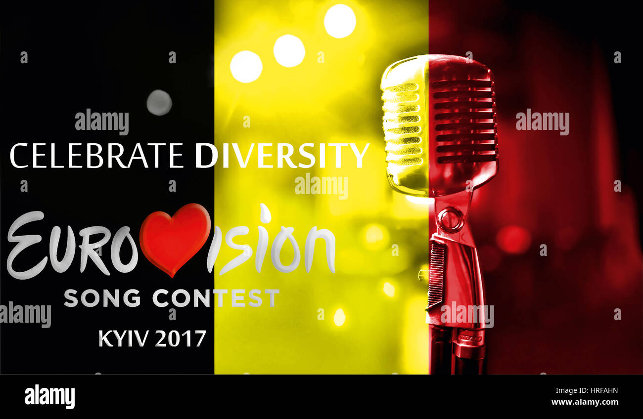 Photos banner with the official logo of the Eurovision Song Contest in the Belgium flag, Eurovision 2017 in Kiev.Belarus,01 March 2017 Stock Photo