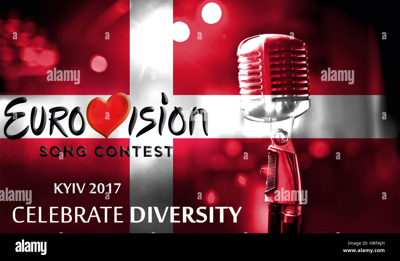 Photos banner with the official logo of the Eurovision Song Contest in the Denmark flag, Eurovision 2017 in Kiev.Belarus,01 March 2017 Stock Photo