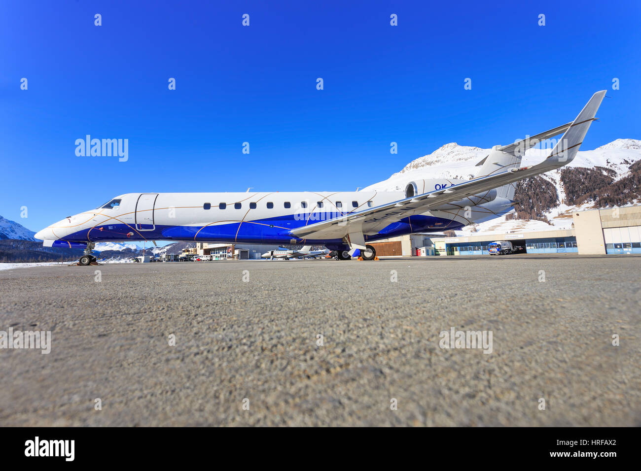 Samedan/Switzerlad:   Embraer ERJ-135BJ at Engadin Airport in Samedan/Switzerland 18.02.2017 Stock Photo
