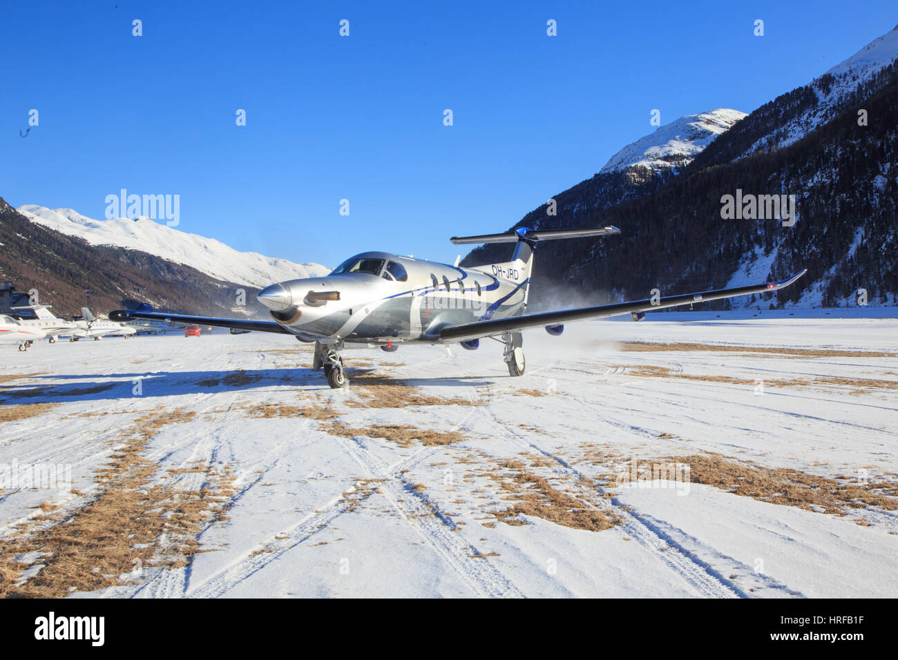 Samedan/Switzerlad:   Pilatus PC-12/47E at Engadin Airport in Samedan/Switzerland 18.02.2017 Stock Photo