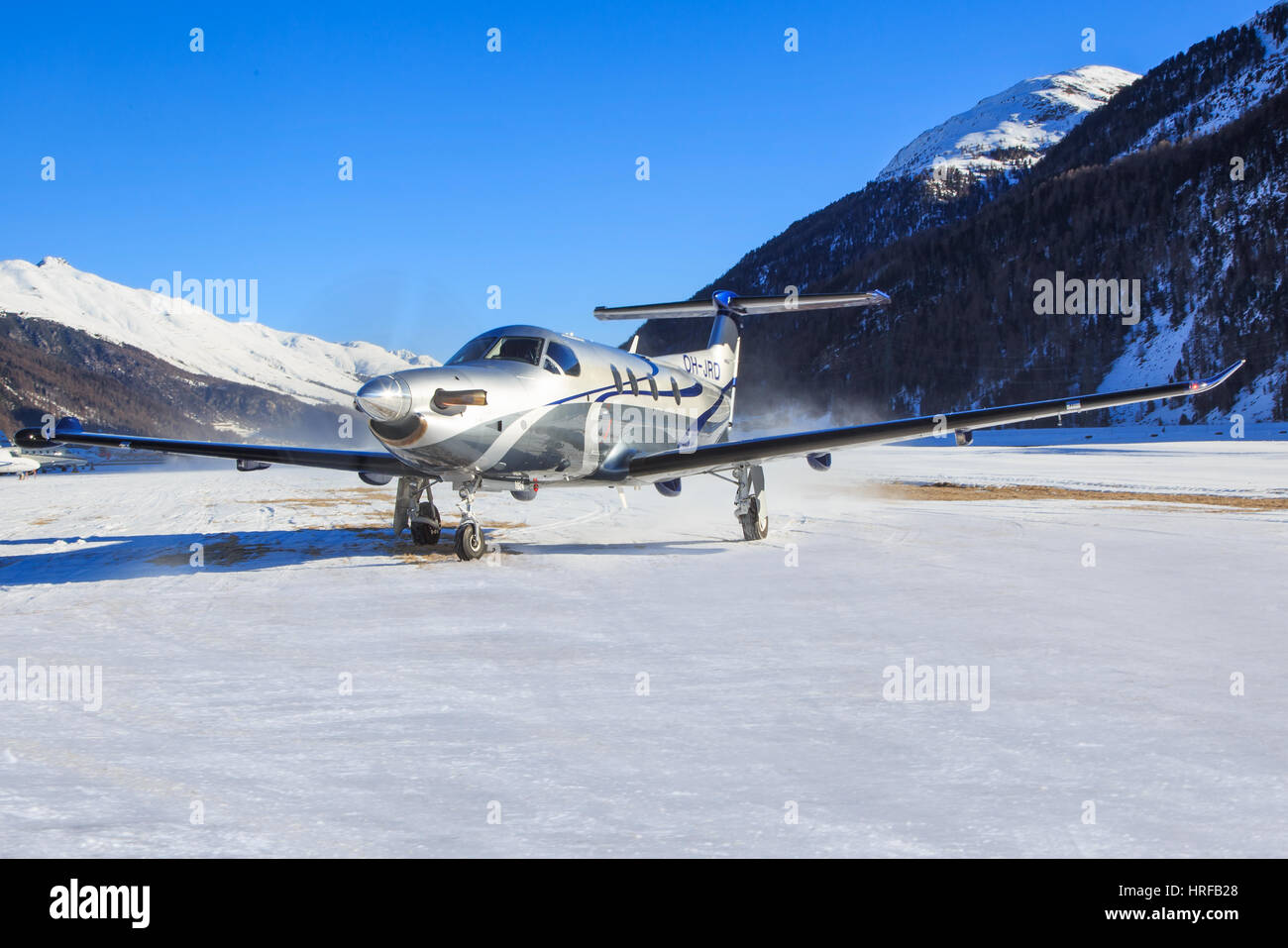 Samedan/Switzerlad:   Pilatus PC-12/47E at Engadin Airport in Samedan/Switzerland 18.02.2017 Stock Photo