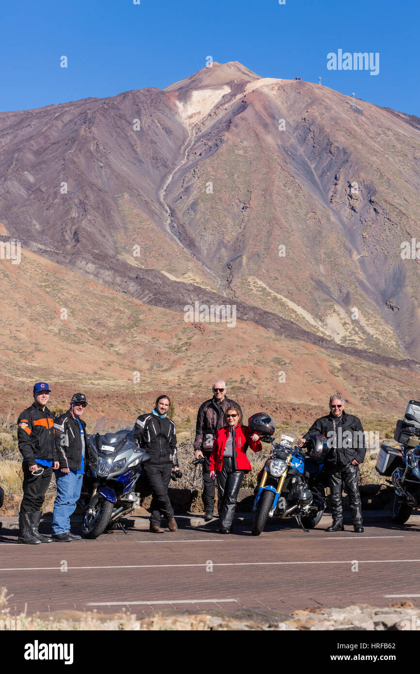 Motorcycle tour group in front of Teide on Tenerife, Canary Islands, Spain Stock Photo