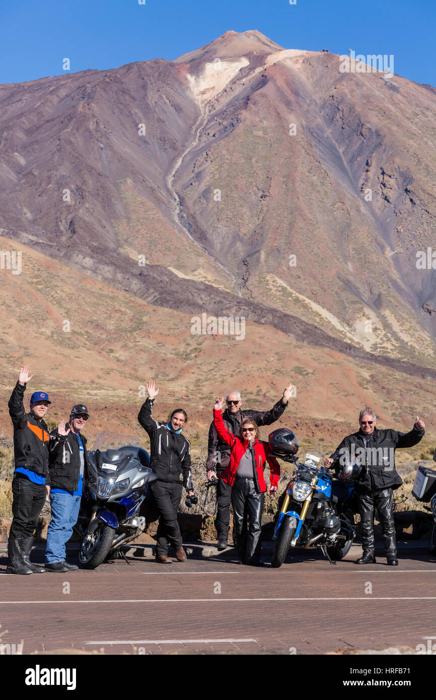 Motorcycle tour group in front of Teide on Tenerife, Canary Islands, Spain Stock Photo
