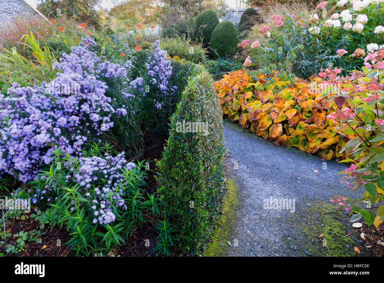 Late October view over the walled garden at The Garden House, Buckland Monachorum, Devon, UK Stock Photo