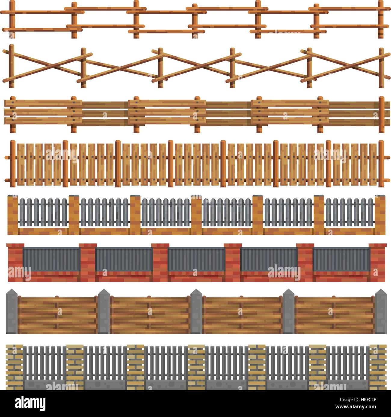 Different seamless wood and brick fences. Vector. Stock Vector