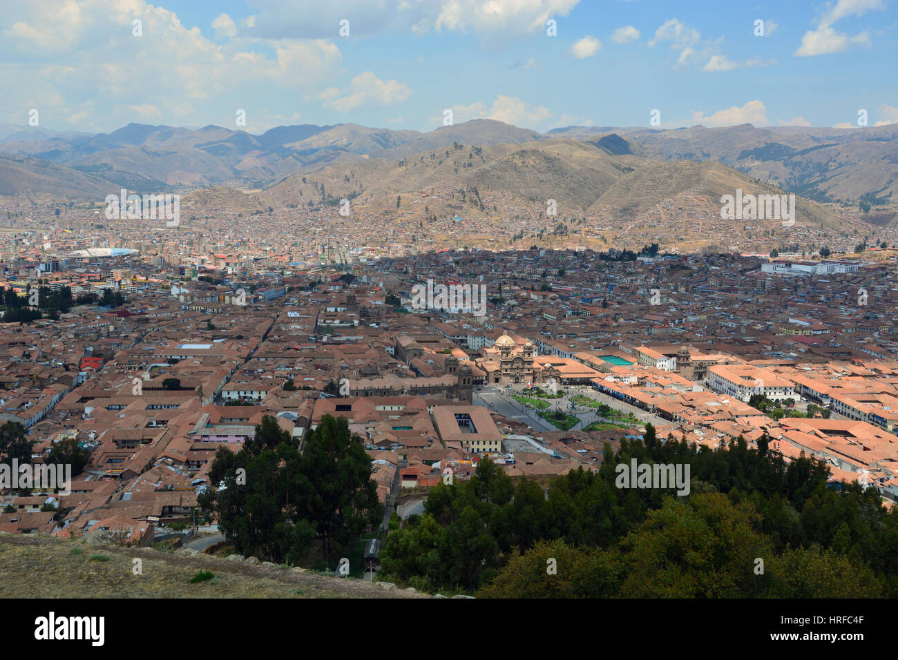 The city of Cusco spreads out across the valley and was the historic capital of the Inca Empire and is the starting point in visiting Machu Picchu. Stock Photo