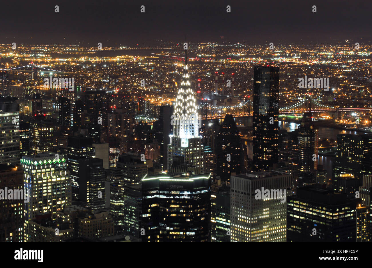 Aerial view of New York City at night with illuminated avenues Stock ...