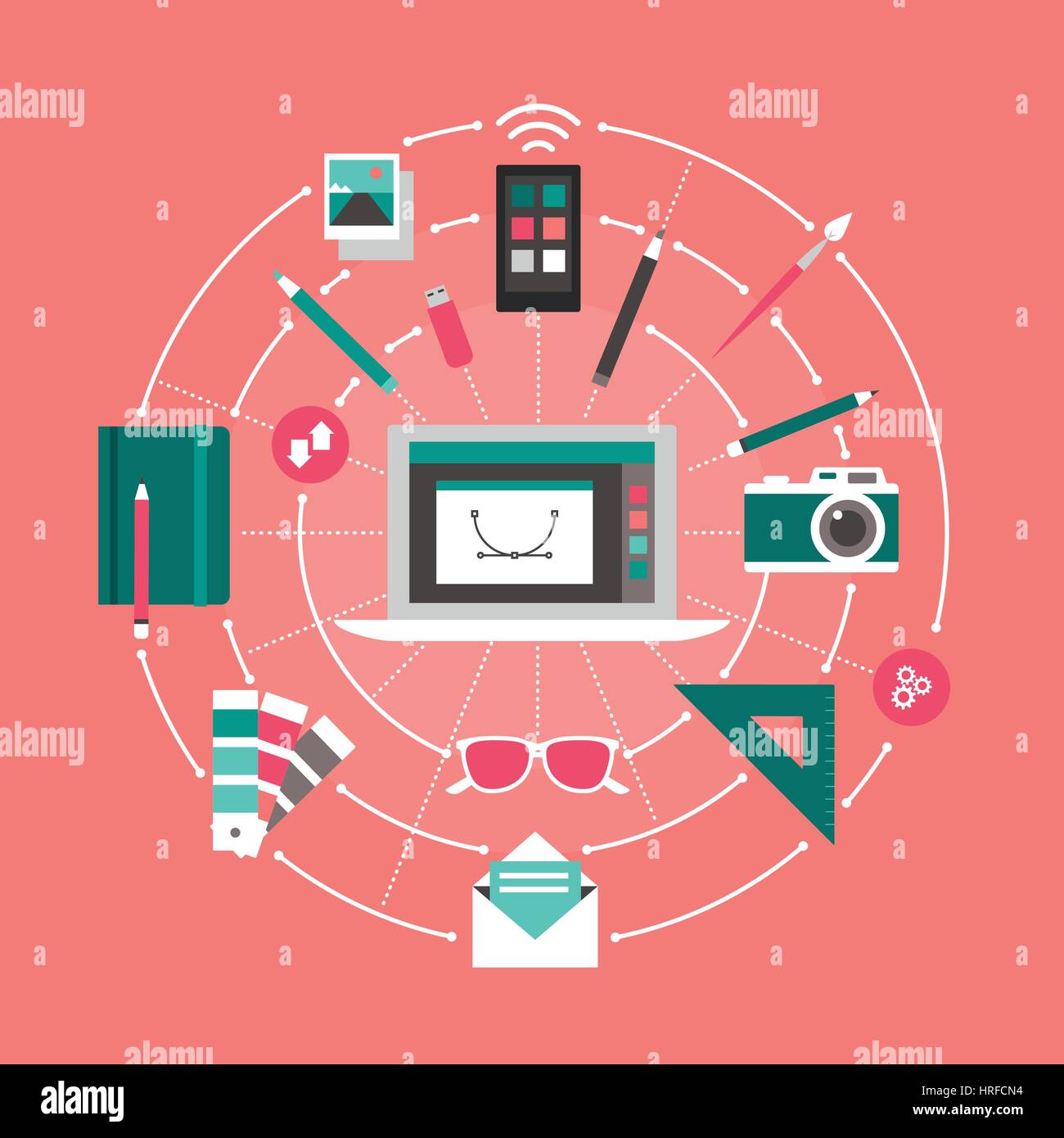 Design, creativity and technology banner: laptop, graphic designer work tools and icons connecting together Stock Vector