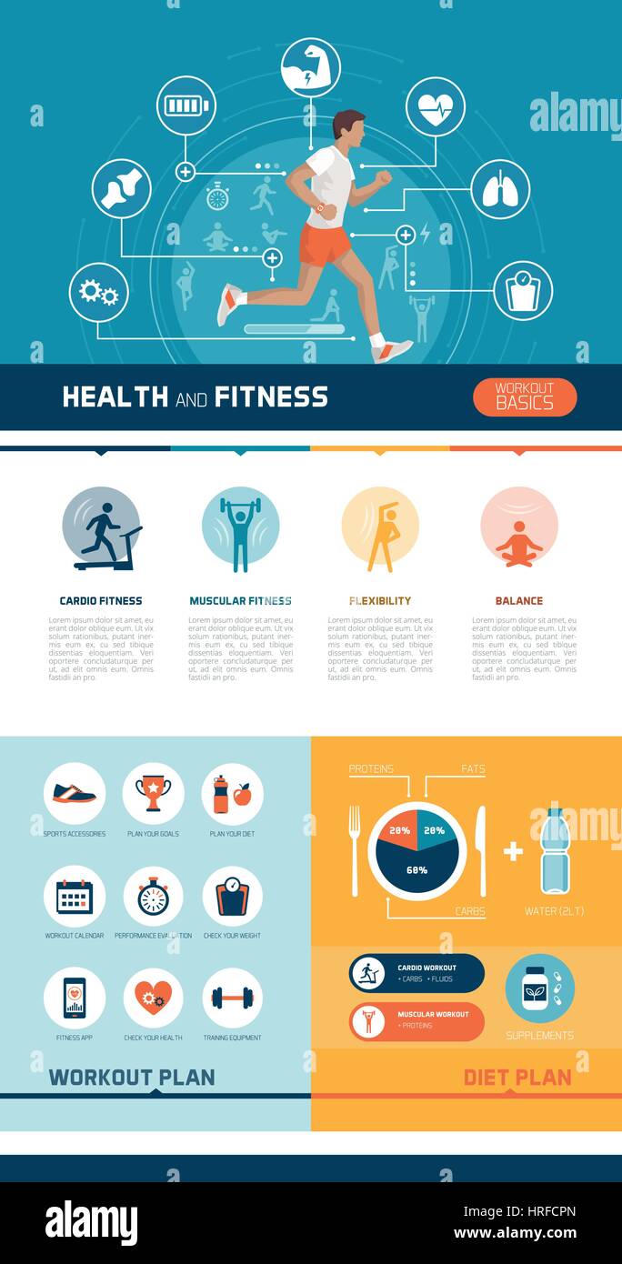 Fitness, sports, healthy diet and exercise infographics with man running and abstract health concepts Stock Vector