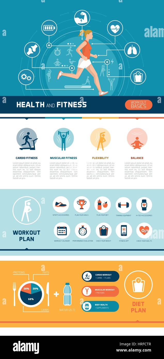 Fitness, sports, healthy diet and exercise infographics with woman running and abstract health concepts Stock Vector