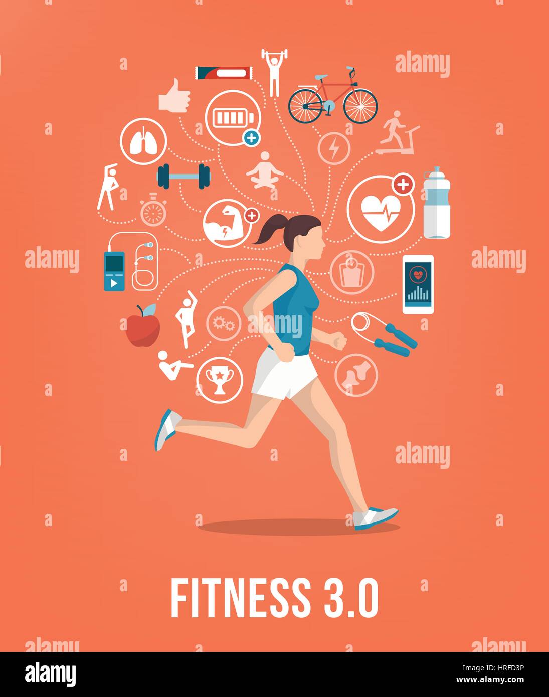 Athletic young woman running surrounded by fitness concepts and icons Stock Vector