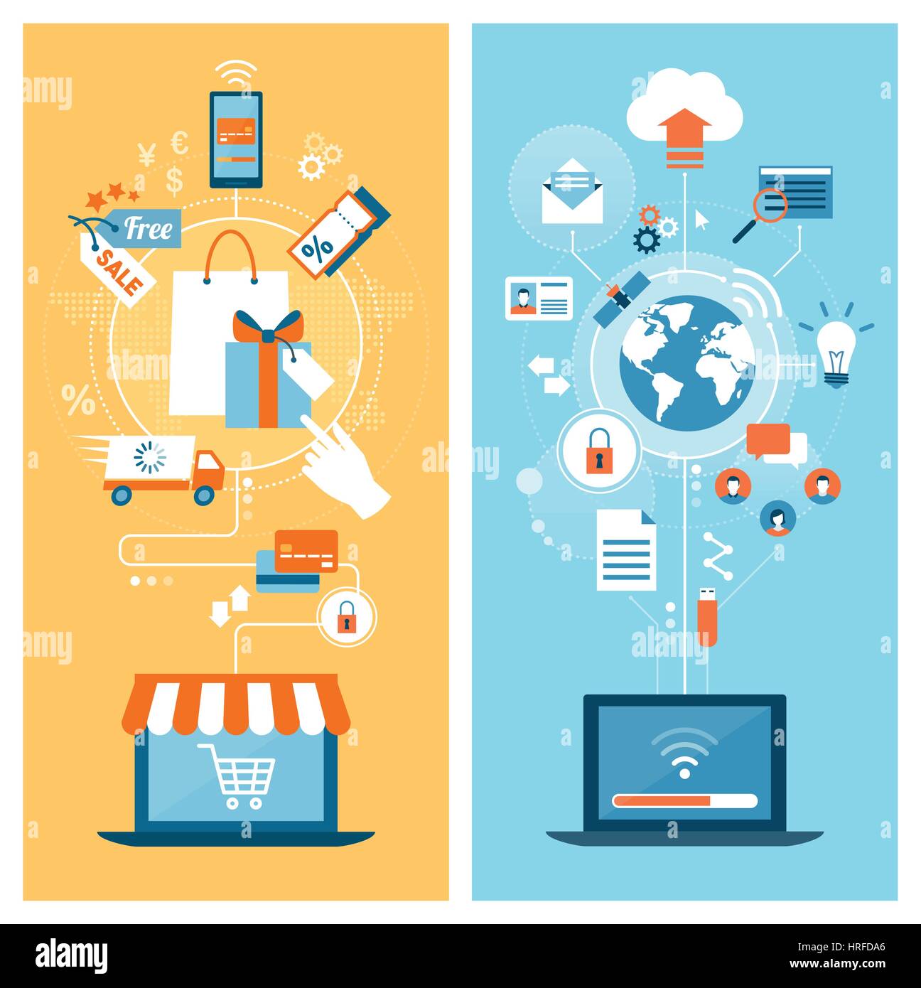 E-shopping, communication, networks and internet concepts connecting on laptops Stock Vector