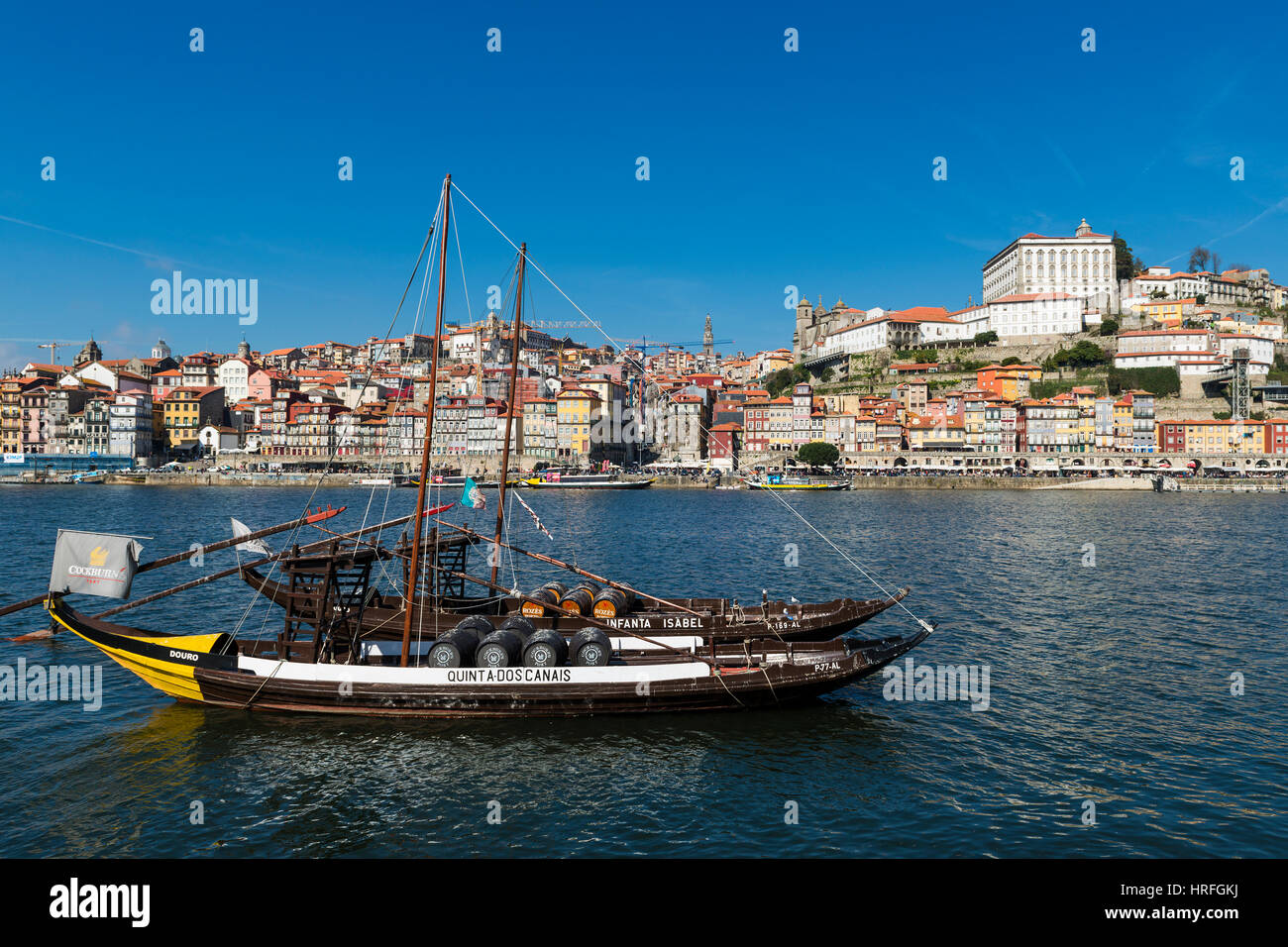 Porto, Portugal - February 25, 2017: Traditional Rabelo Boats ('Barcos Rabelos') in the Douro River with the city of Porto on the background. Stock Photo