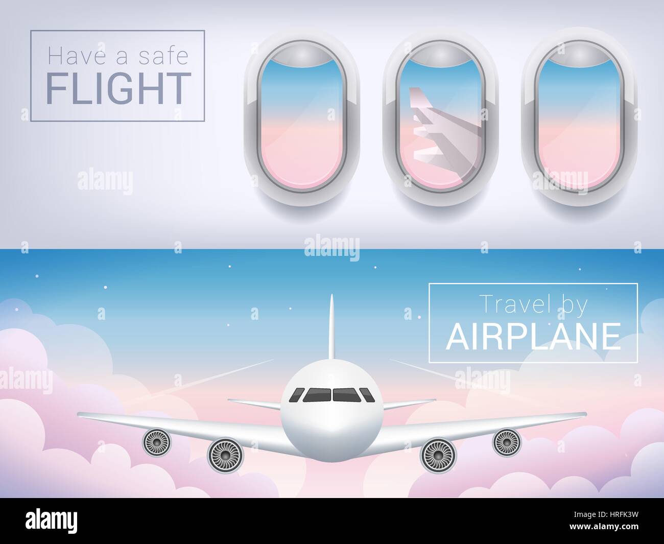 airplane window, the tourist banner. Passenger airplane in the sky clouds, safe flight across pink sky. Stock Vector