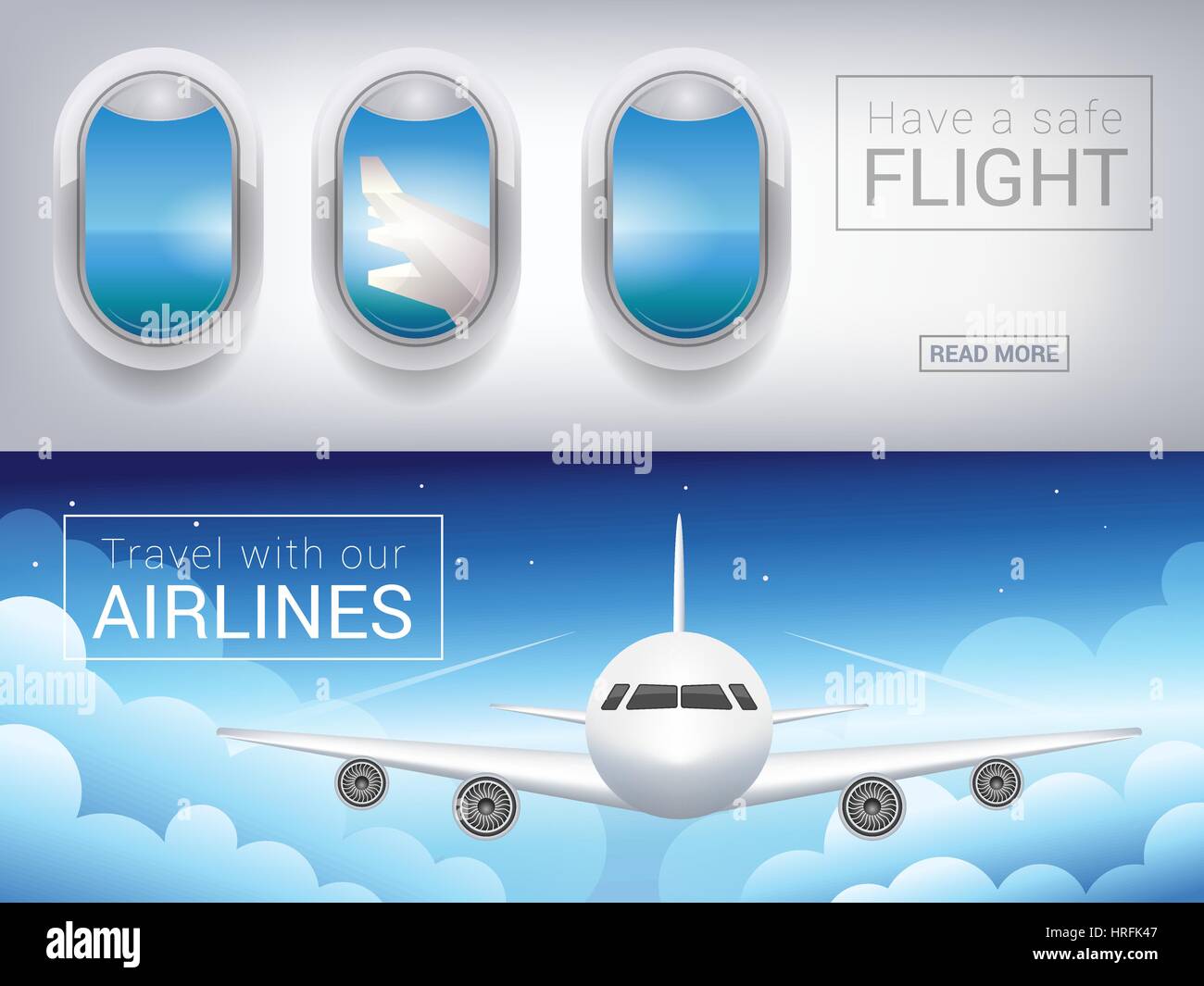 airplane window, the tourist banner. Passenger airplane in the sky clouds, safe flight across blue sky. Stock Vector