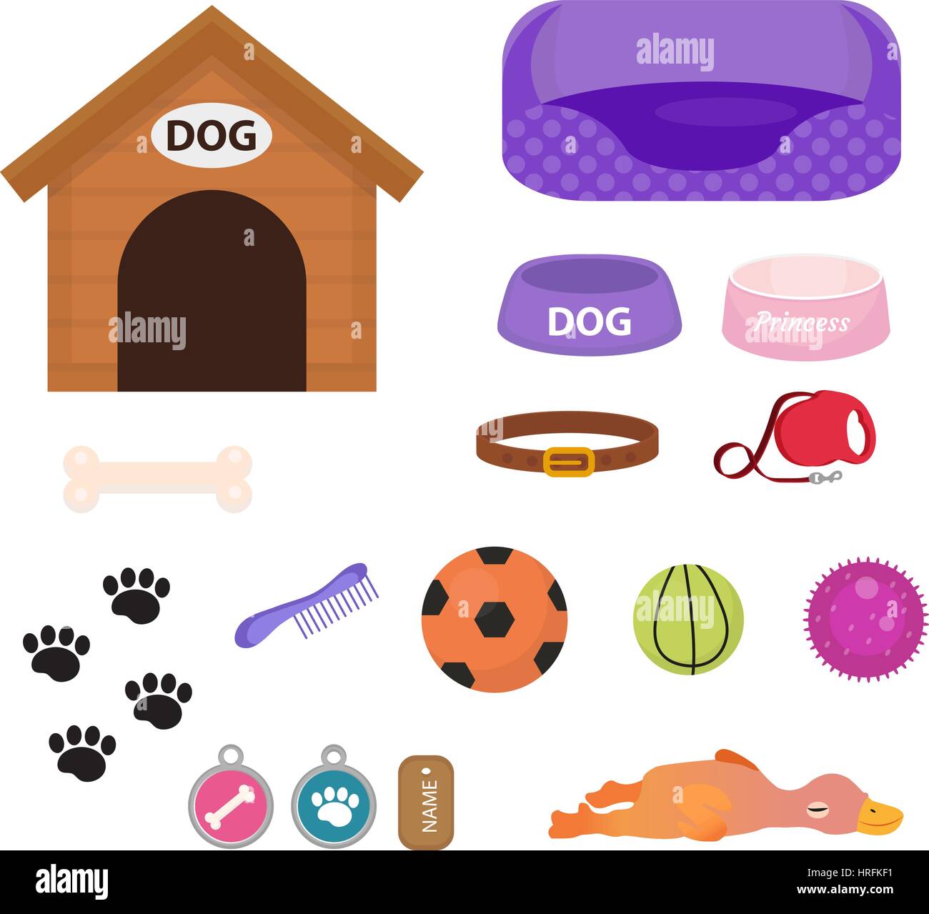 Dogs stuff icon set with accessories for pets, flat style, isolated on white background. Puppy toy. Doghouse, collar, food. Pet shop concept. Vector illustration, clip art. Stock Vector