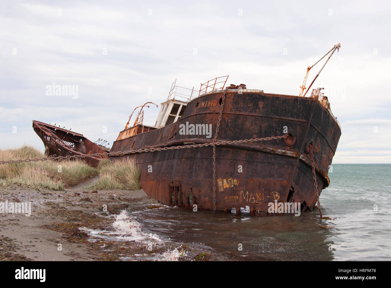 Shipwreck - 19th century steamship Amadeo, a cargo ship beached in 1932 on the Strait of Magellan at Estancia San Gregorio. Stock Photo
