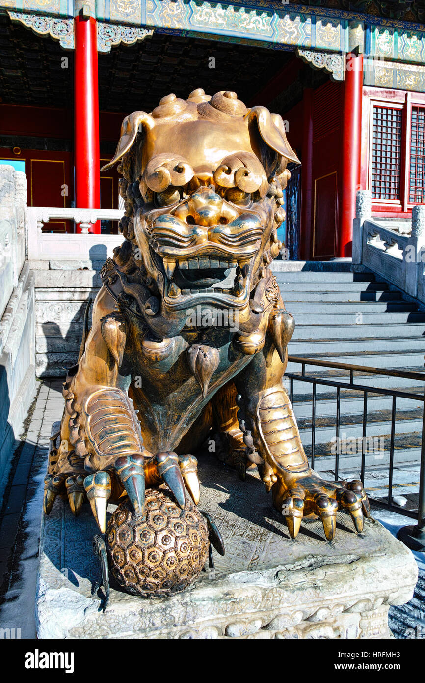 The bronze lion statue in  Forbidden City Stock Photo