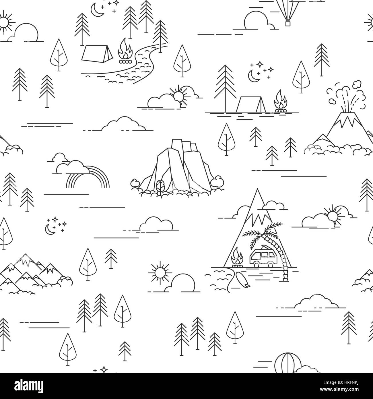Pattern with hiking and landscape elements Stock Vector