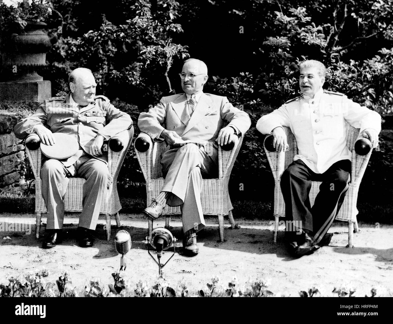 POTSDAM CONFERENCE 1945 From left: Winston Churchill, Harry Truman, Joseph Stalin Stock Photo