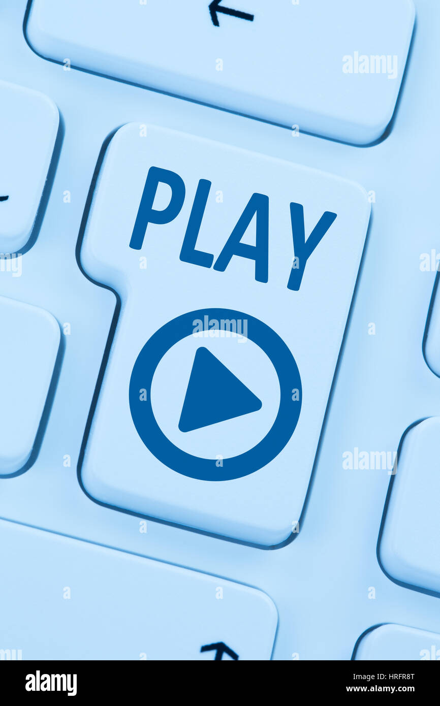Press Play Button listening music movie internet blue computer web keyboard Stock Photo