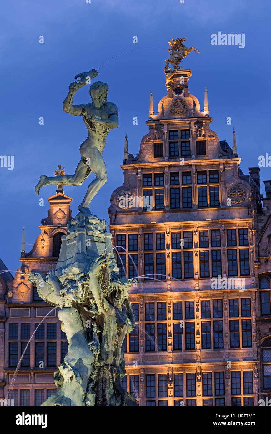 Brabo Fountain and guildhouses Grote Markt Antwerp Belgium Stock Photo