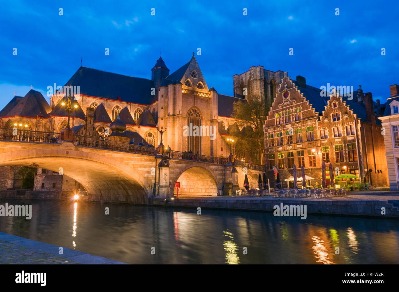 St Michael's Church and bridge at night Ghent Belgium Stock Photo
