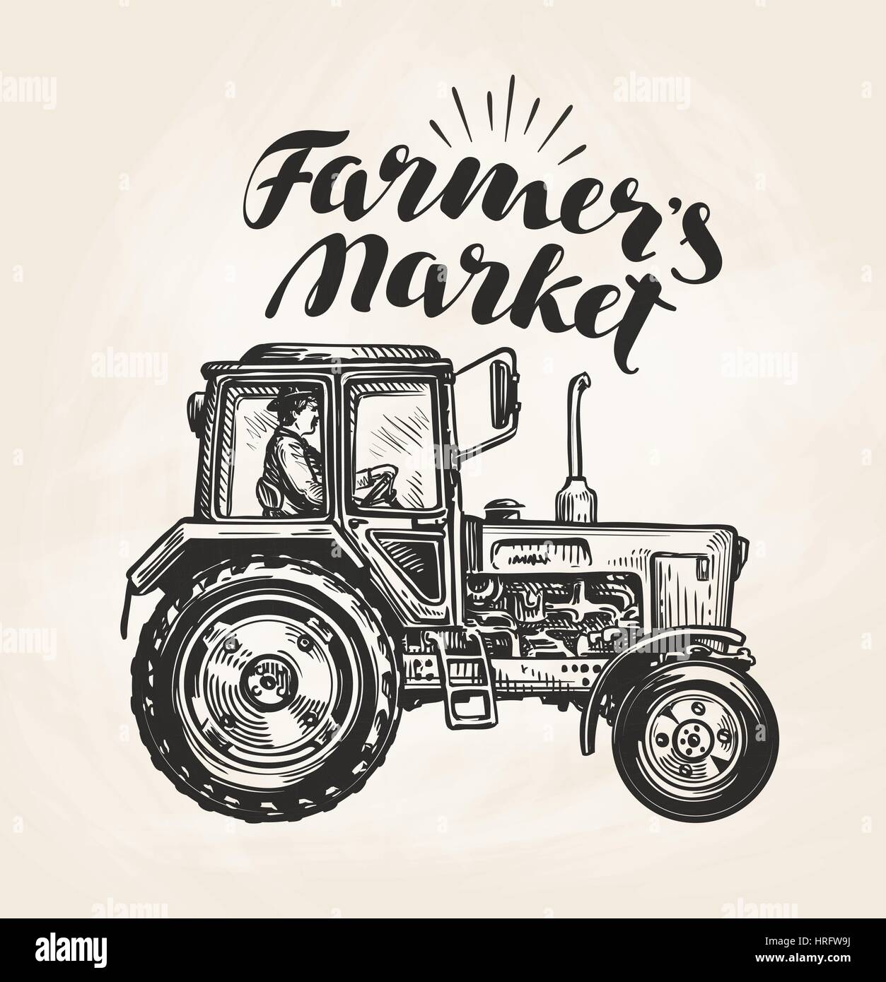 Farmer's market. Hand-drawn farmer rides on agricultural tractor, sketch. Farm, agriculture vector illustration Stock Vector
