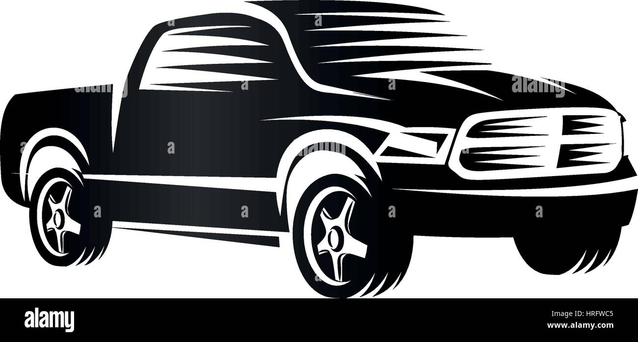 Isolated monochrome engraving style pickup trucks logo, cars logotype, black color automotive vehicle vector illustration Stock Vector