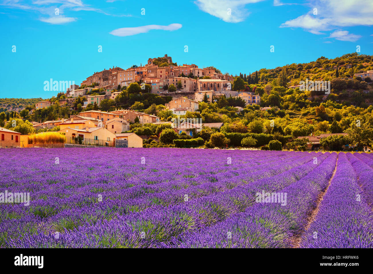 Simiane la Rotonde village and lavender. Provence, France, Europe Stock Photo