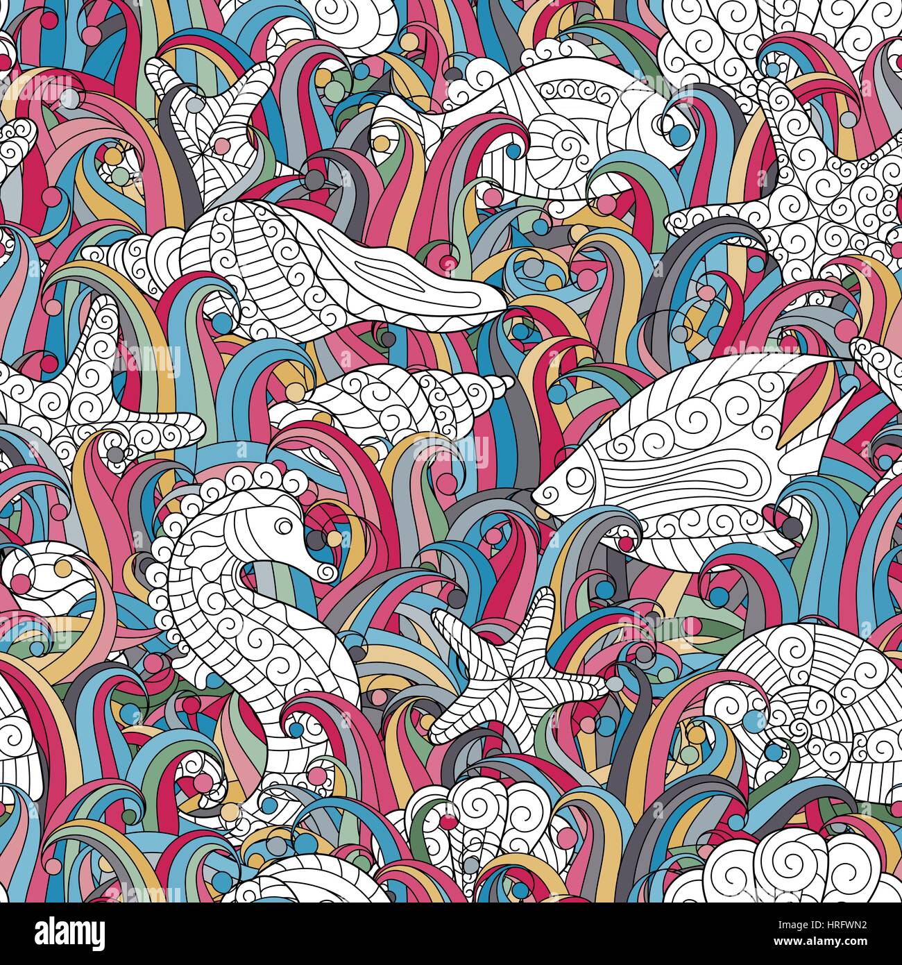 Seamless pattern of colorful hand drawn seashells, starfish and ...