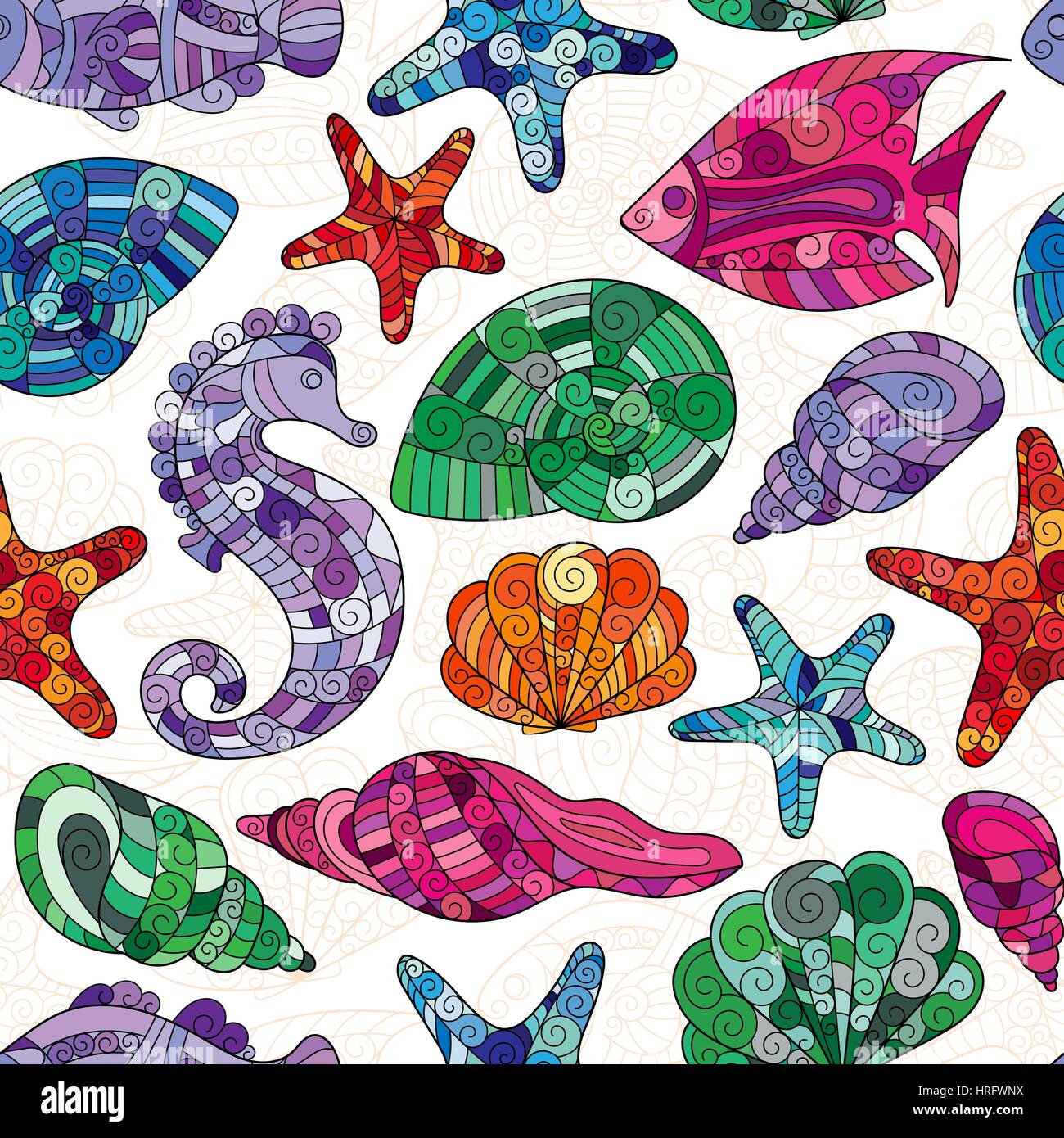 Vector seamless pattern with hand drawn underwater creatures Stock ...