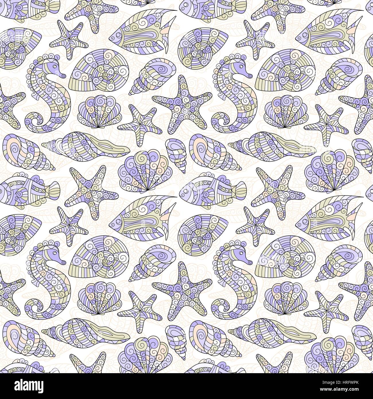 Vector seamless pattern with hand drawn underwater creatures Stock ...