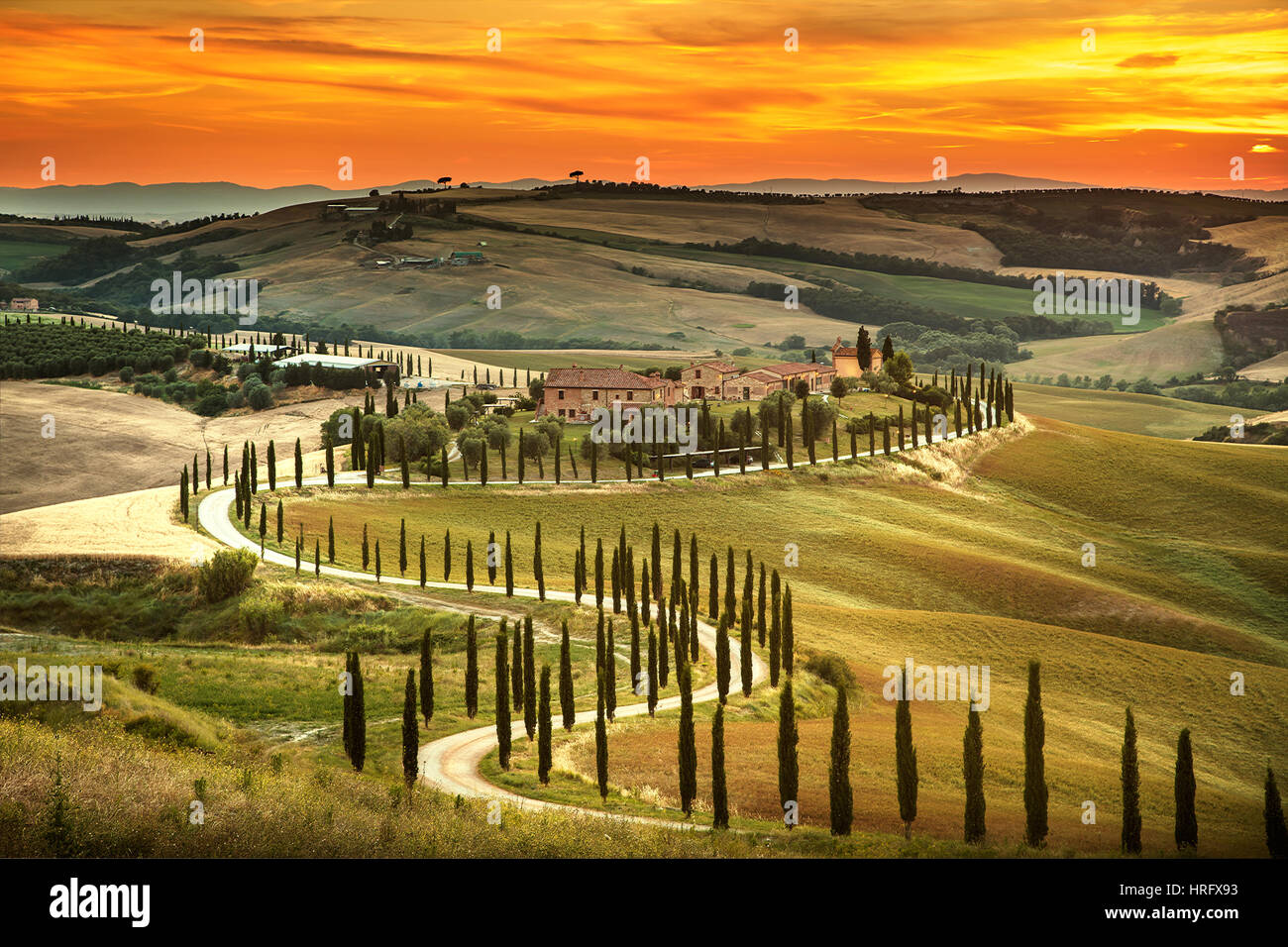 Tuscany, rural sunset landscape. Countryside farm, cypresses trees, green field, sun light and cloud. Italy, Europe. Stock Photo