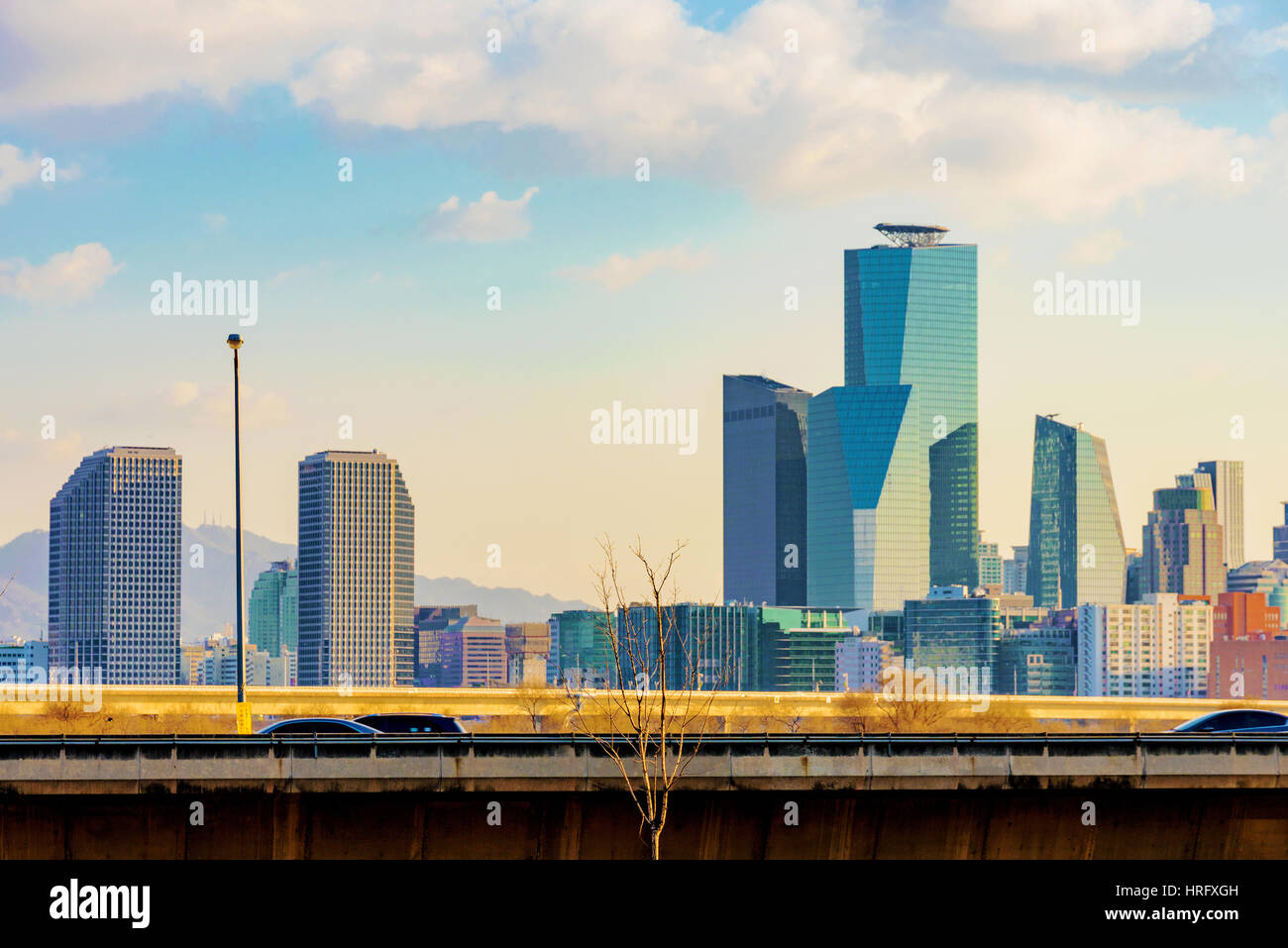Yeouido financial district skyline with cars Stock Photo