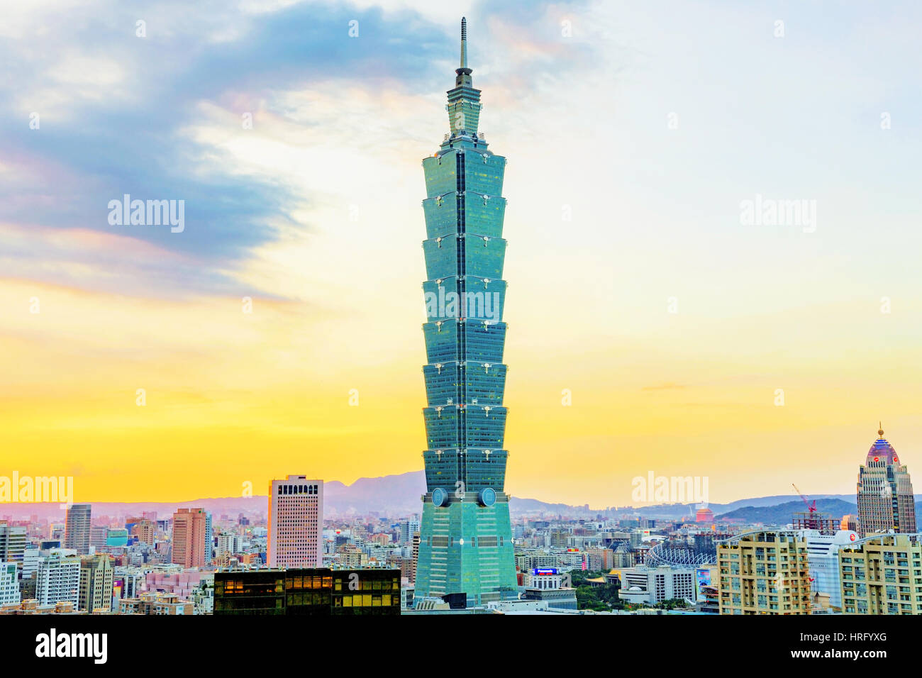 TAIPEI, TAIWAN - AUGUST 29: Taipei 101 building is a famous landmark in Taipei's financial district. This photo was taken at sunset from elephant moun Stock Photo