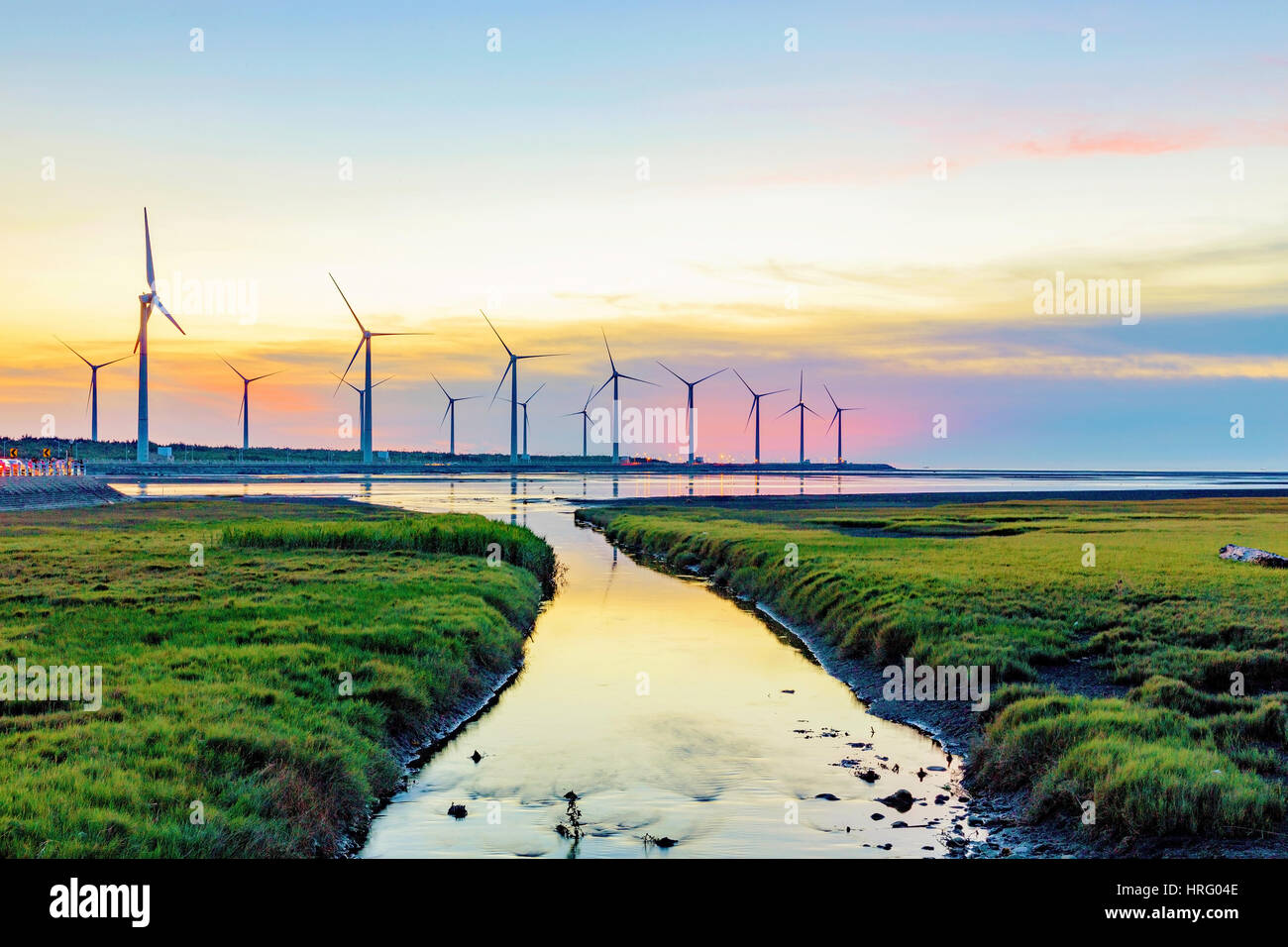 Landscape of Gaomei wetlands during sunset in Taiwan Stock Photo