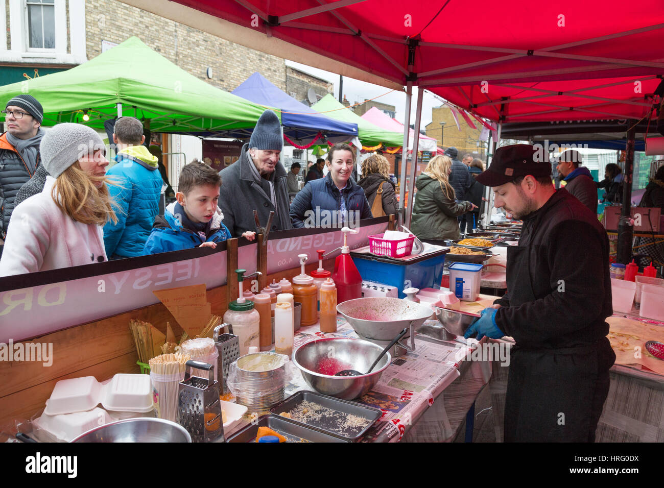 Food market stall, Acklam food market, Portobello Road, Notting Hill, London England UK Stock Photo