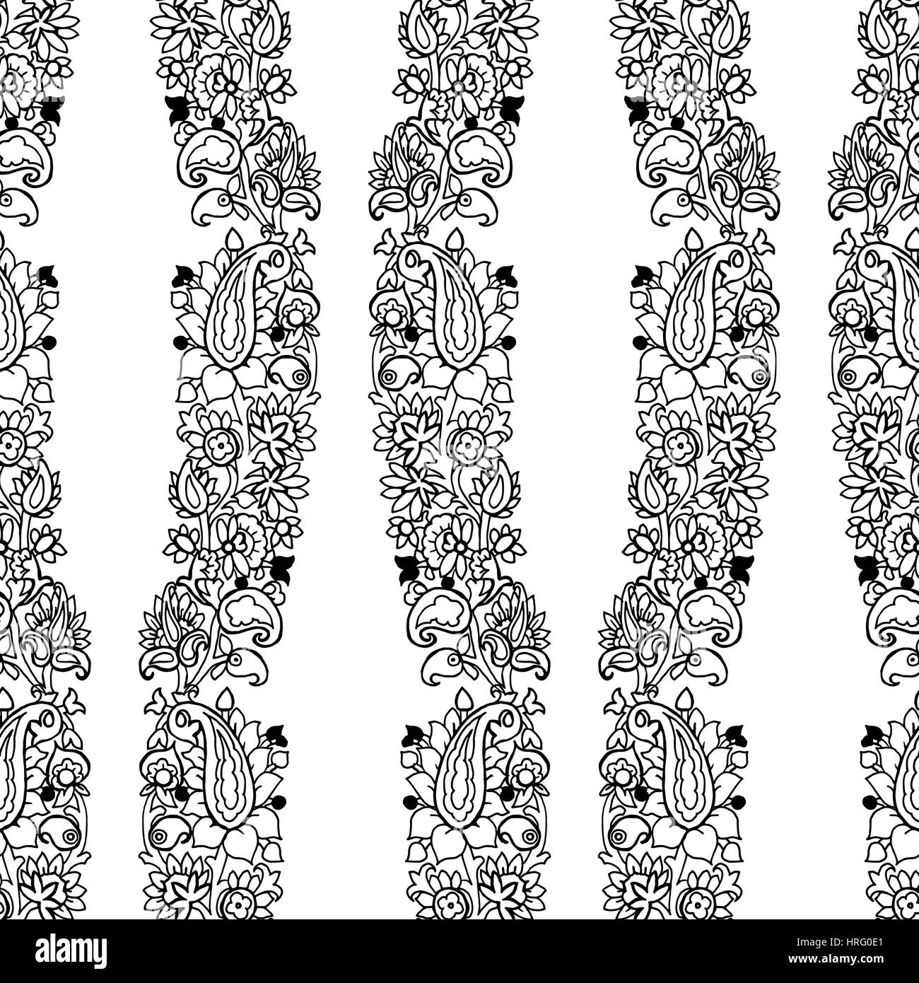 Seamless geometric vector paisley pattern. Ethnic floral motif, primitive oriental elements, vertical waves layout. Black outlines on white background Stock Vector