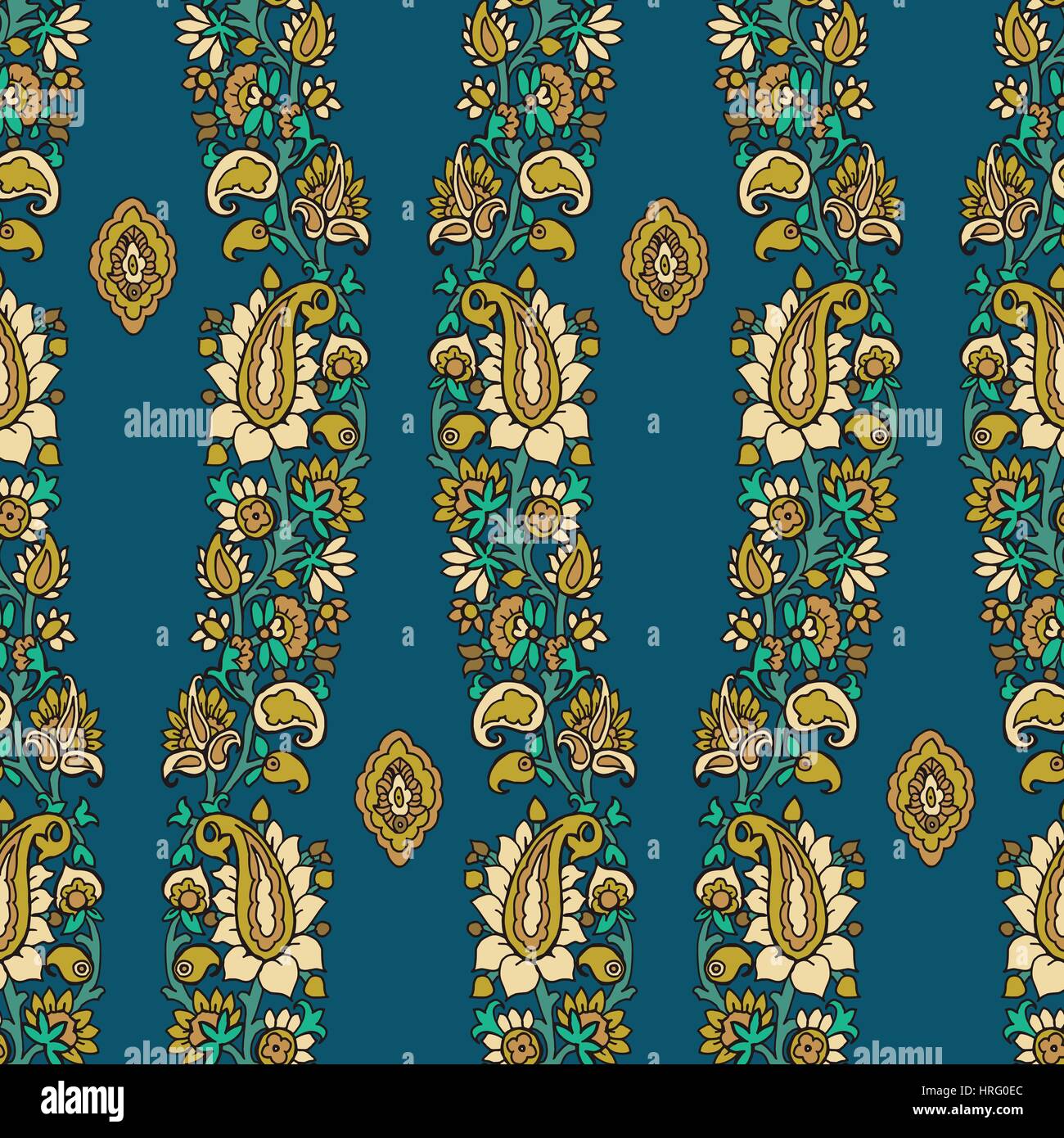 Ethnic floral motif, primitive oriental elements, vertical waves layout. Yellow, green and turquoise tones. Stock Vector