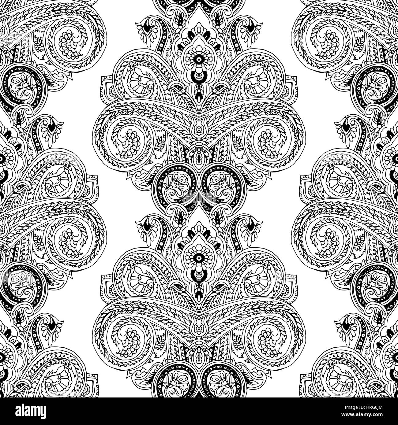 Abstract geometric seamless paisley pattern. Traditional oriental ethnic ornament, black outlines on white background. Textile design. Stock Vector