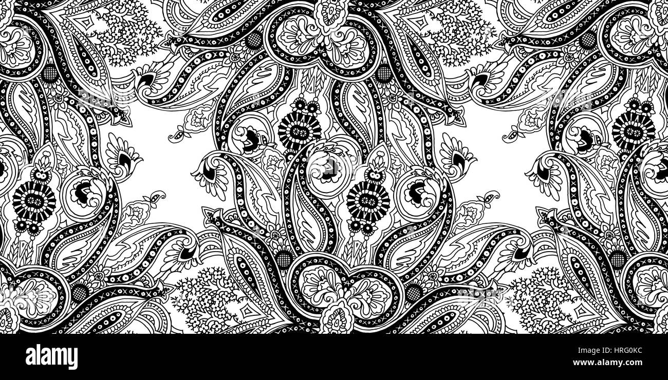 Kaleidoscope paisley seamless vector pattern. Ethnic floral motif, primitive oriental elements. Black outlines on white background. Textile or wallpap Stock Vector