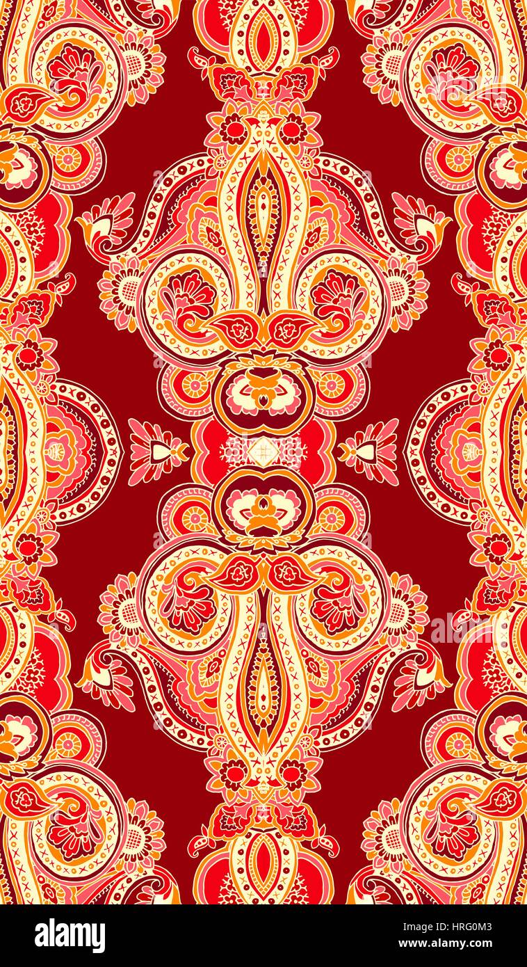 Kaleidoscope abstract geometric seamless paisley pattern. Traditional oriental vertical textile ornament, red and yellow tones. Textile design. Stock Vector