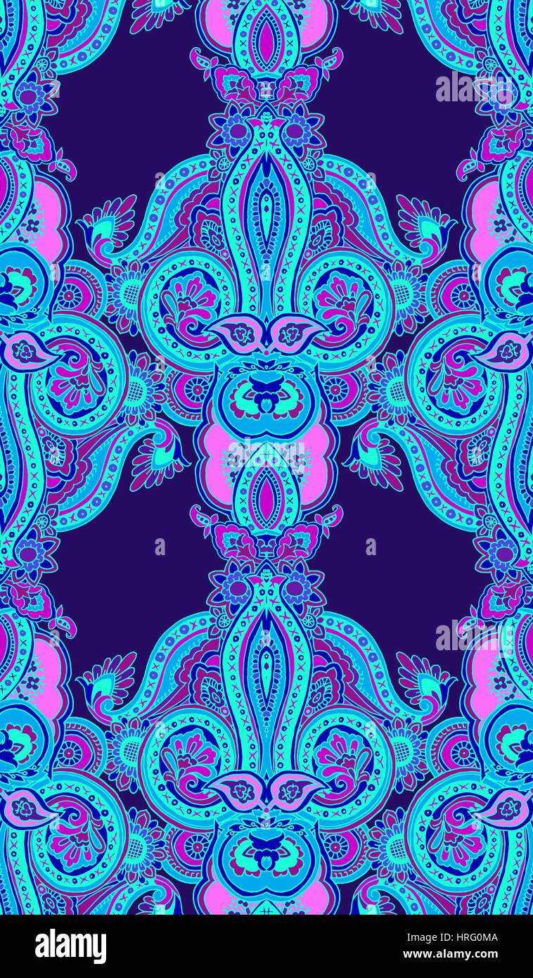 Kaleidoscope abstract geometric seamless paisley pattern. Traditional oriental vertical textile ornament, purple and blue tones. Textile design. Stock Vector