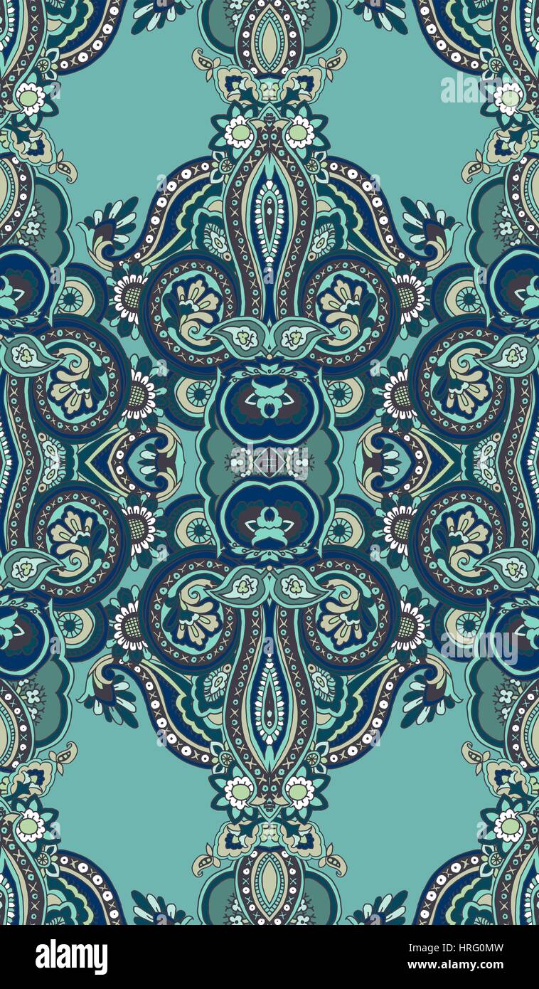 Kaleidoscope abstract geometric seamless paisley pattern. Traditional oriental vertical textile ornament, minty green tones. Textile design. Stock Vector