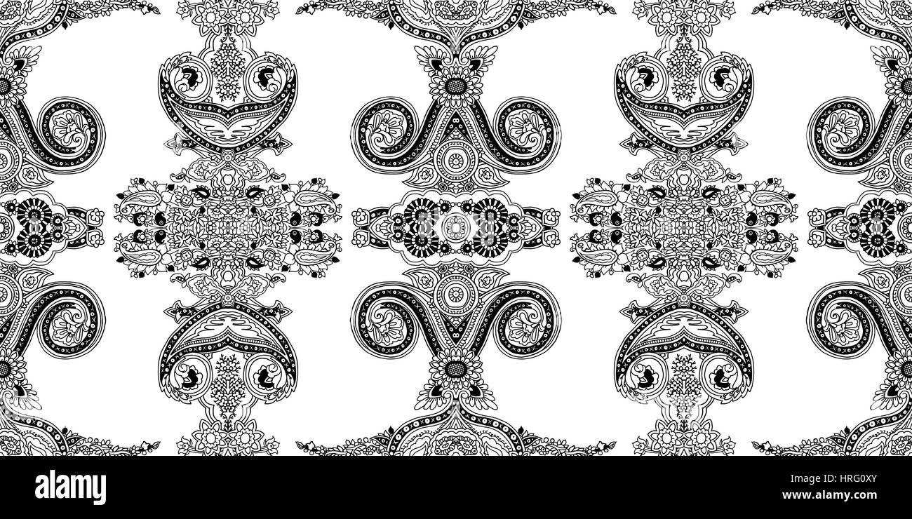 Seamless vector, kaleidoscope paisley pattern. Ethnic floral motif, primitive oriental elements. Black outlines on white background. Textile design. Stock Vector