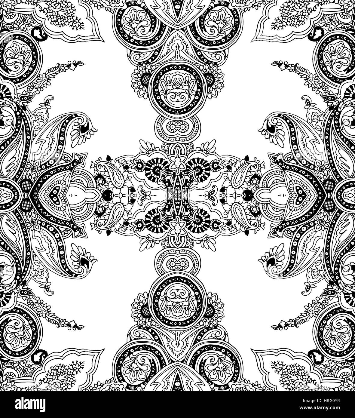 Seamless vector pattern kaleidoscope paisley. Ethnic floral motif, primitive oriental elements. Black outlines on white background. Textile design. Stock Vector