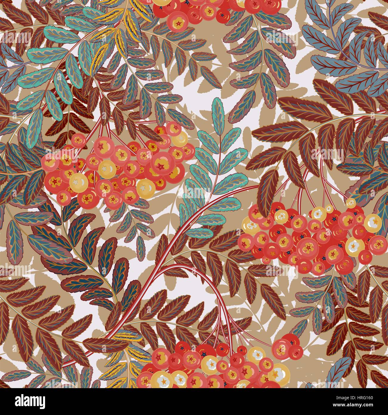 Seamless pattern with leaves and ash-berry rowanberry. Vector ...