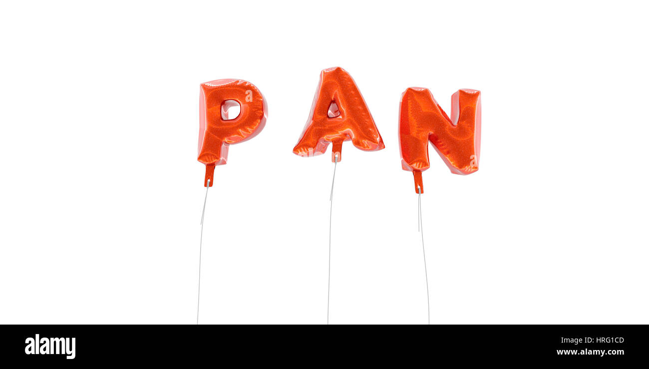 PAN word made from red foil balloons 3D rendered. Can be used for